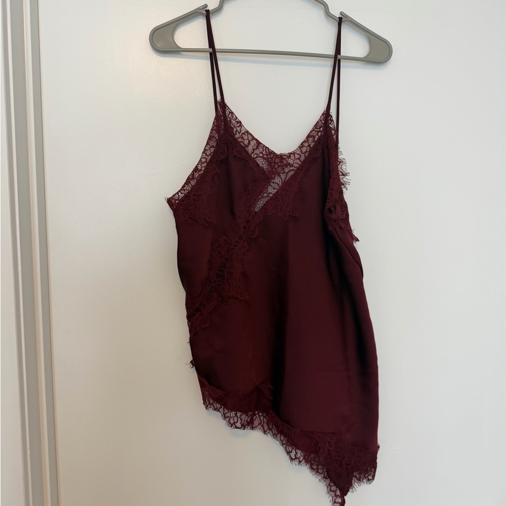 Lace Trim Asymmetric Satin Cami Top - Burgundy/Maroon